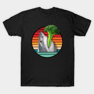 Shark Eating Broccoli in Retro Sunset T-Shirt